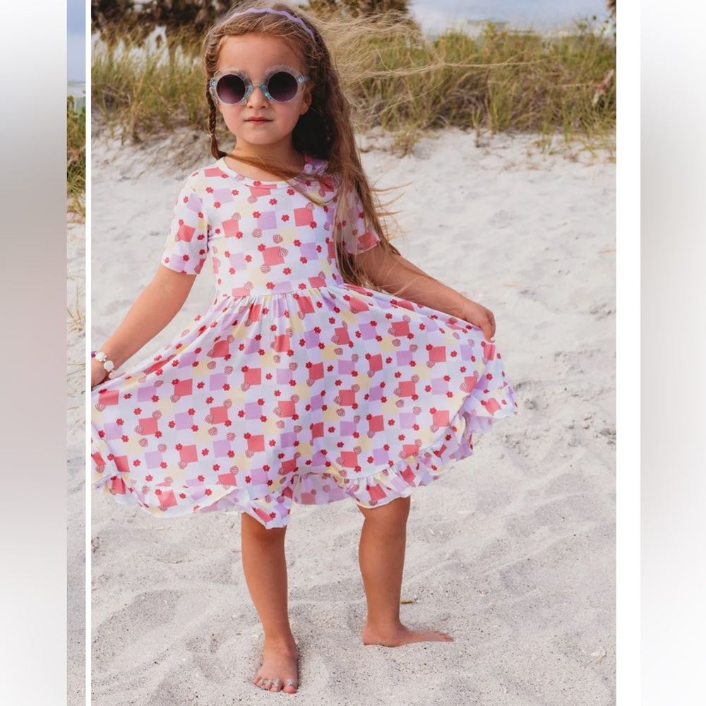 Dream Big Little Co Shell Yeah Checkers Dream Bamboo Ruffle Twirl Dress 3T